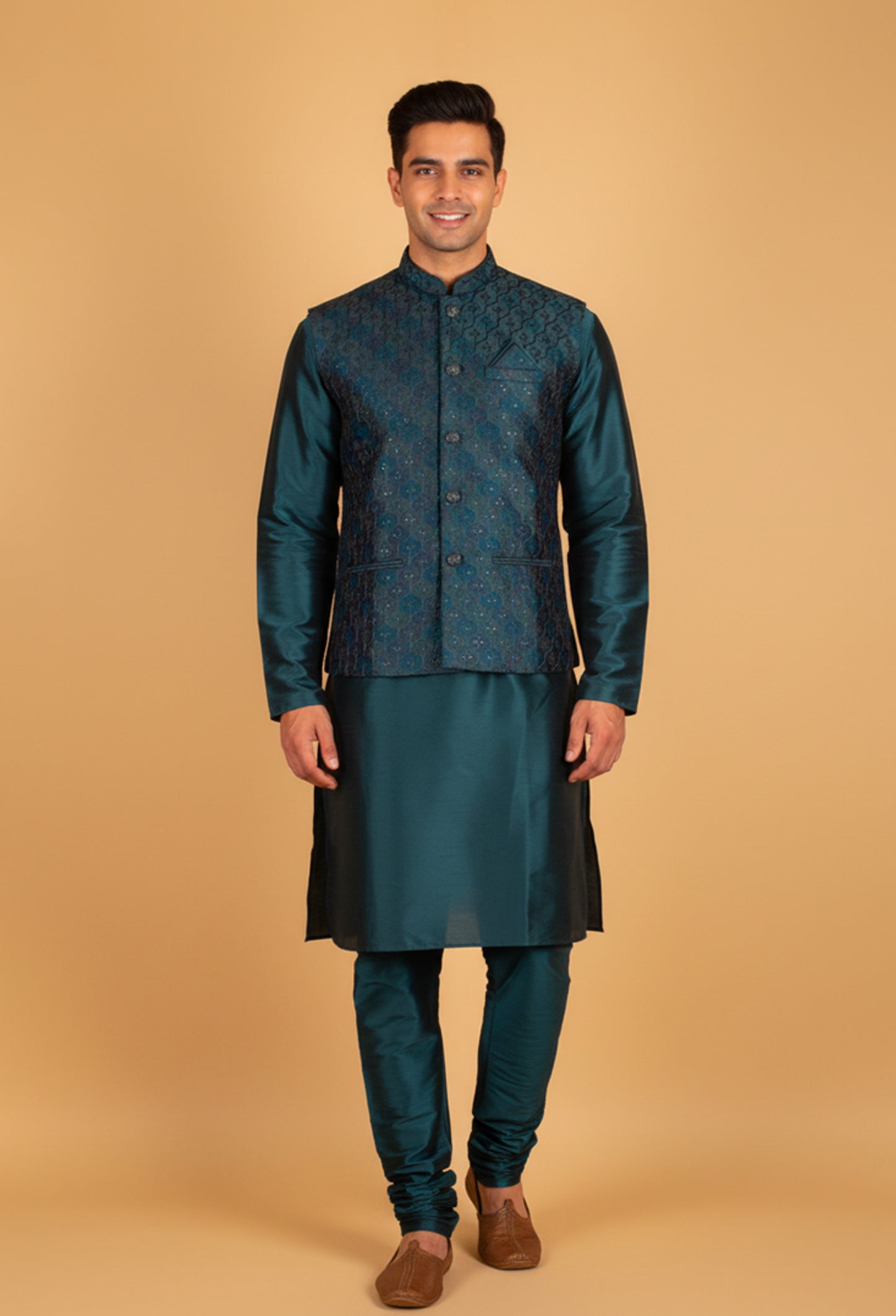 Men’s Teal Blue Embroidered Nehru Jacket Kurta Set