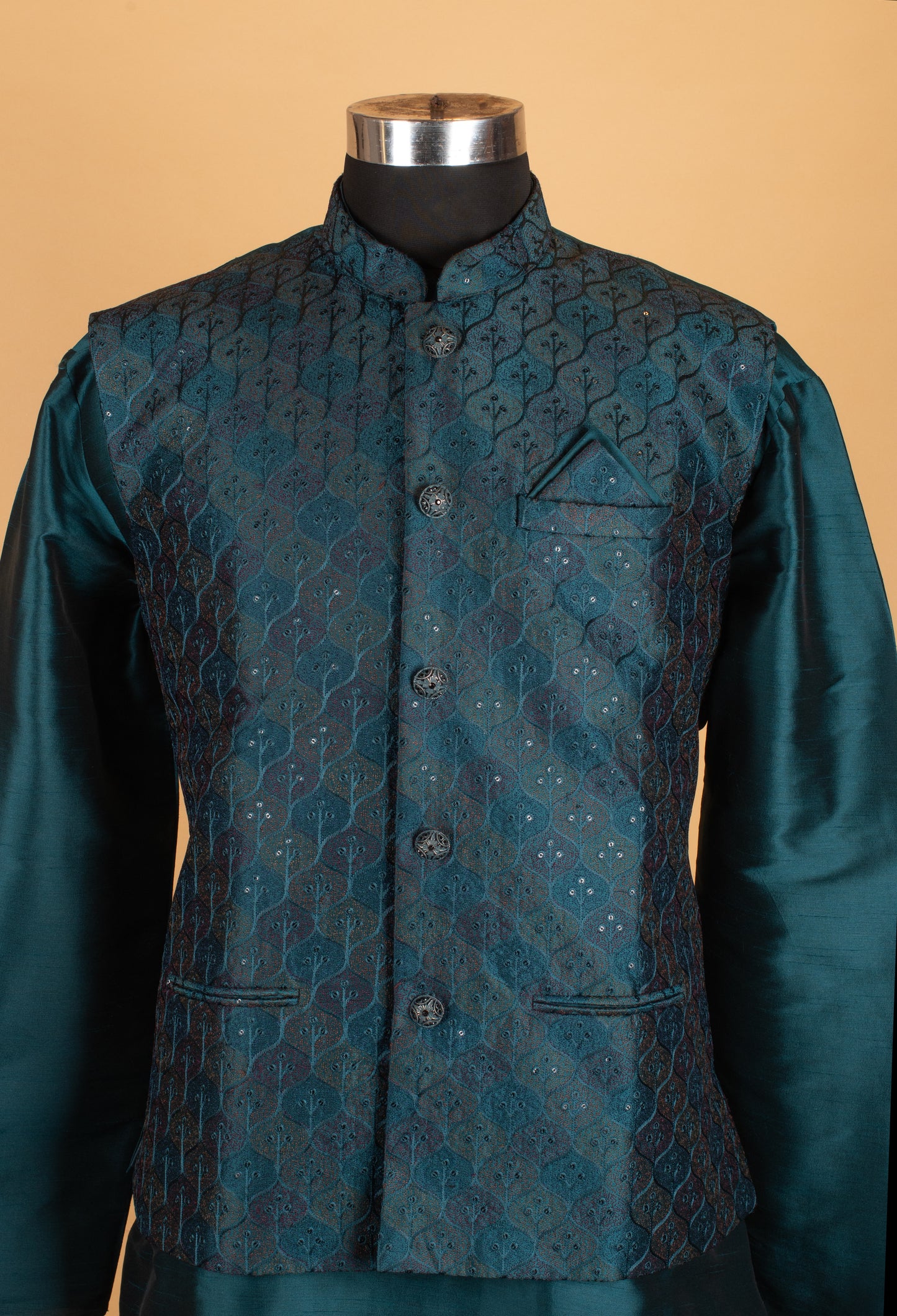 Men’s Teal Blue Embroidered Nehru Jacket Kurta Set