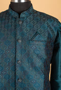 Men’s Teal Blue Embroidered Nehru Jacket Kurta Set