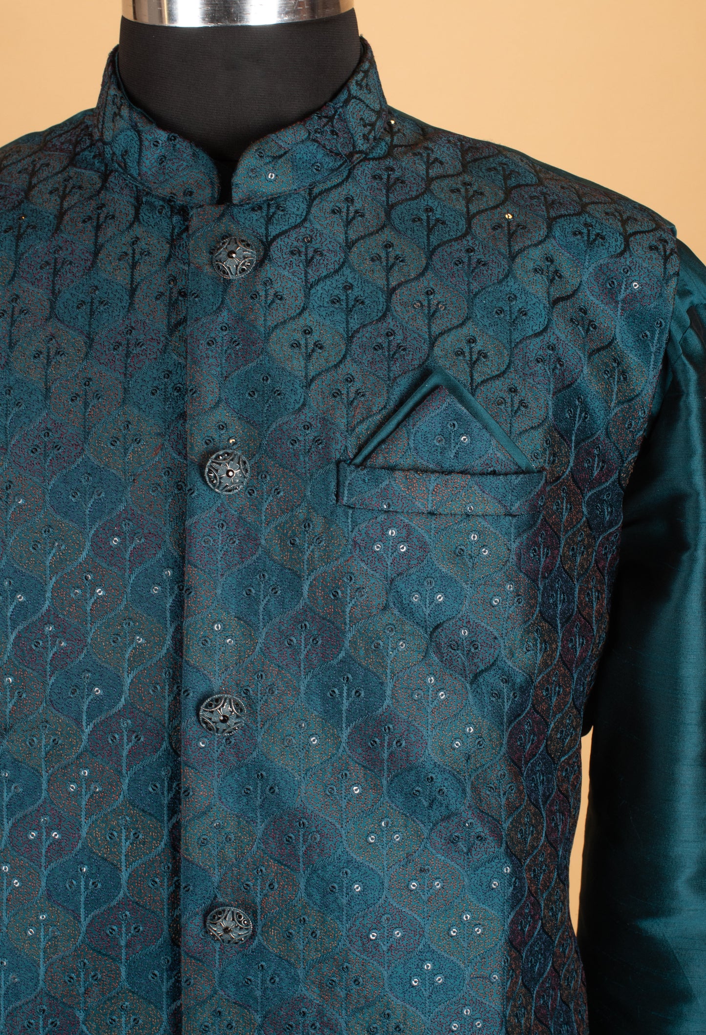 Men’s Teal Blue Embroidered Nehru Jacket Kurta Set
