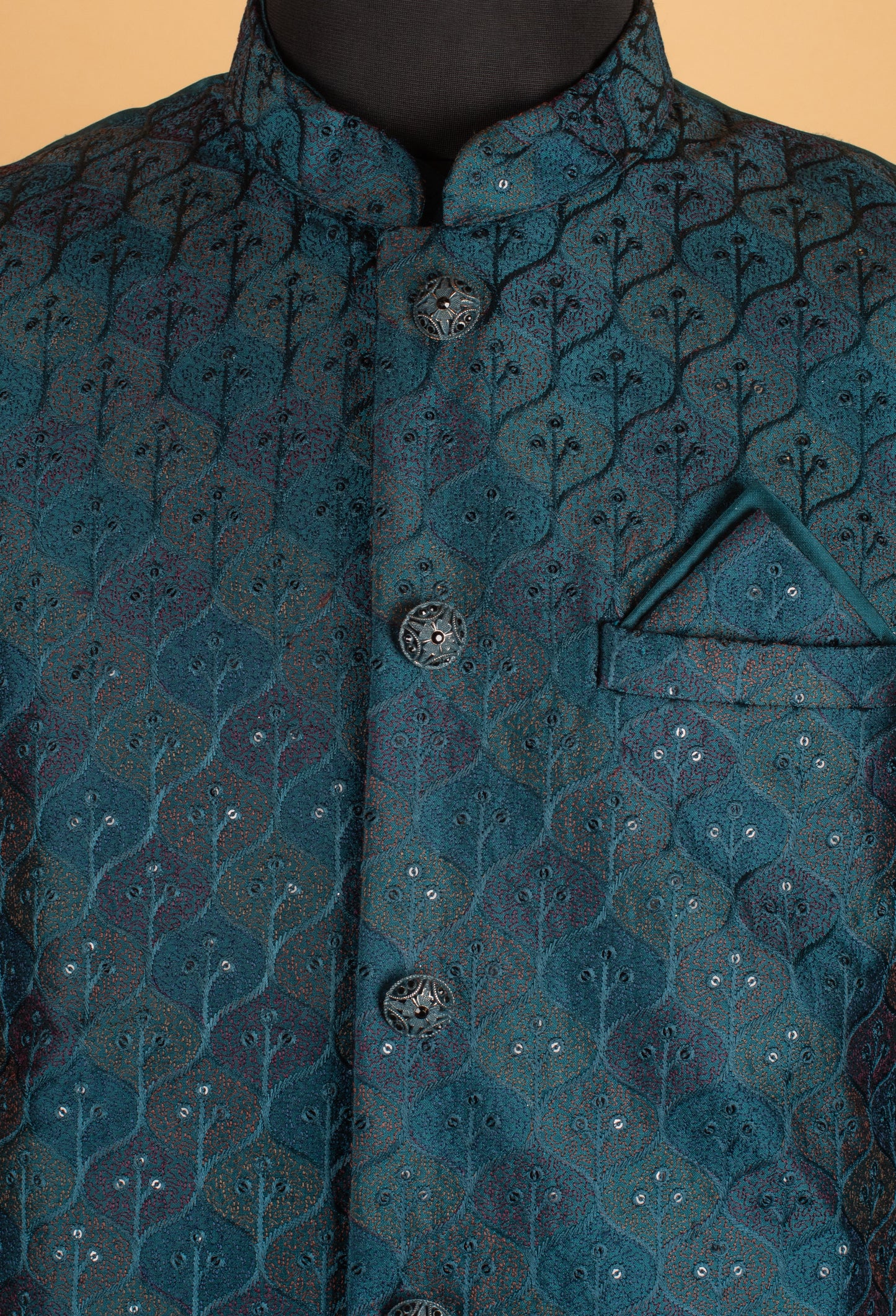 Men’s Teal Blue Embroidered Nehru Jacket Kurta Set