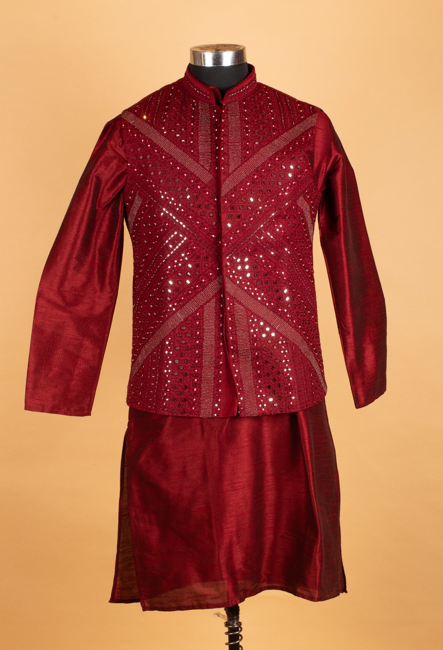 Men’s Deep Maroon Embroidered Jacket Kurta Set