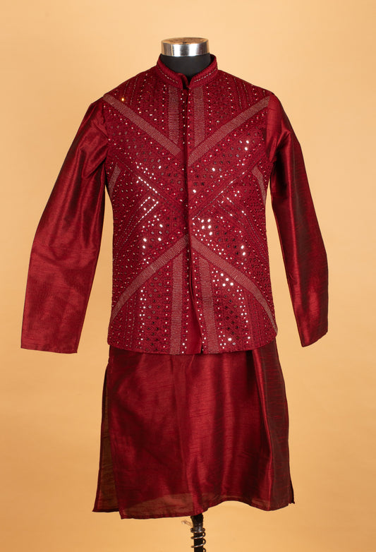 Deep maroon embroidered jacket kurta set for men – product image 2
