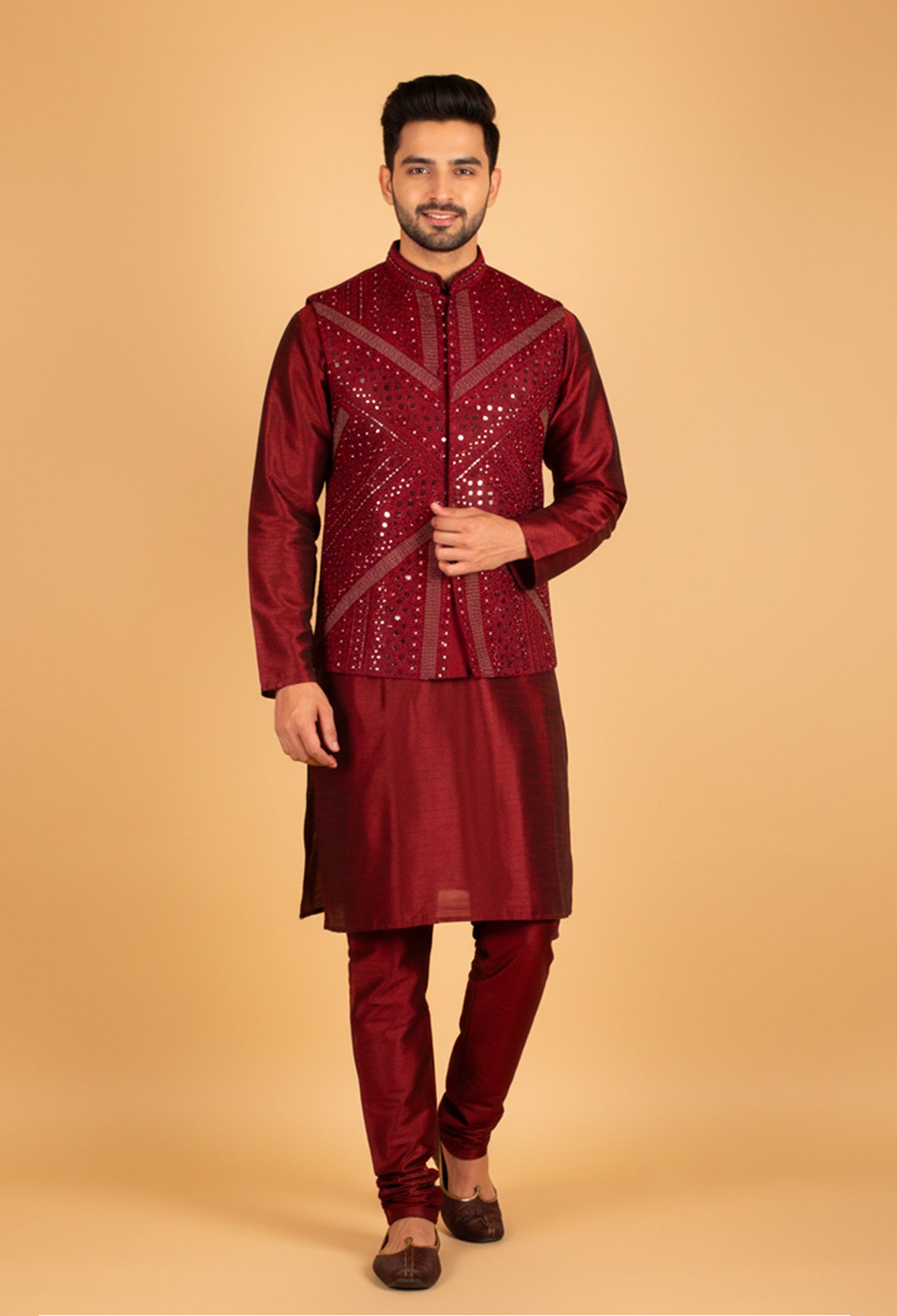 Men’s Deep Maroon Embroidered Jacket Kurta Set