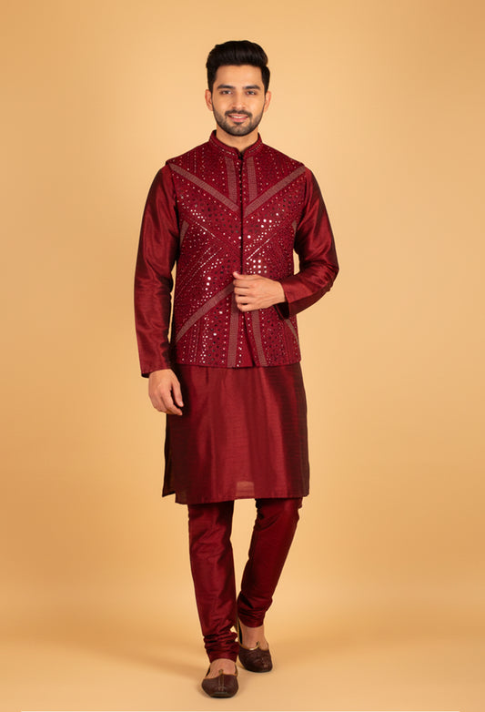 Men’s Deep Maroon Embroidered Jacket Kurta Set