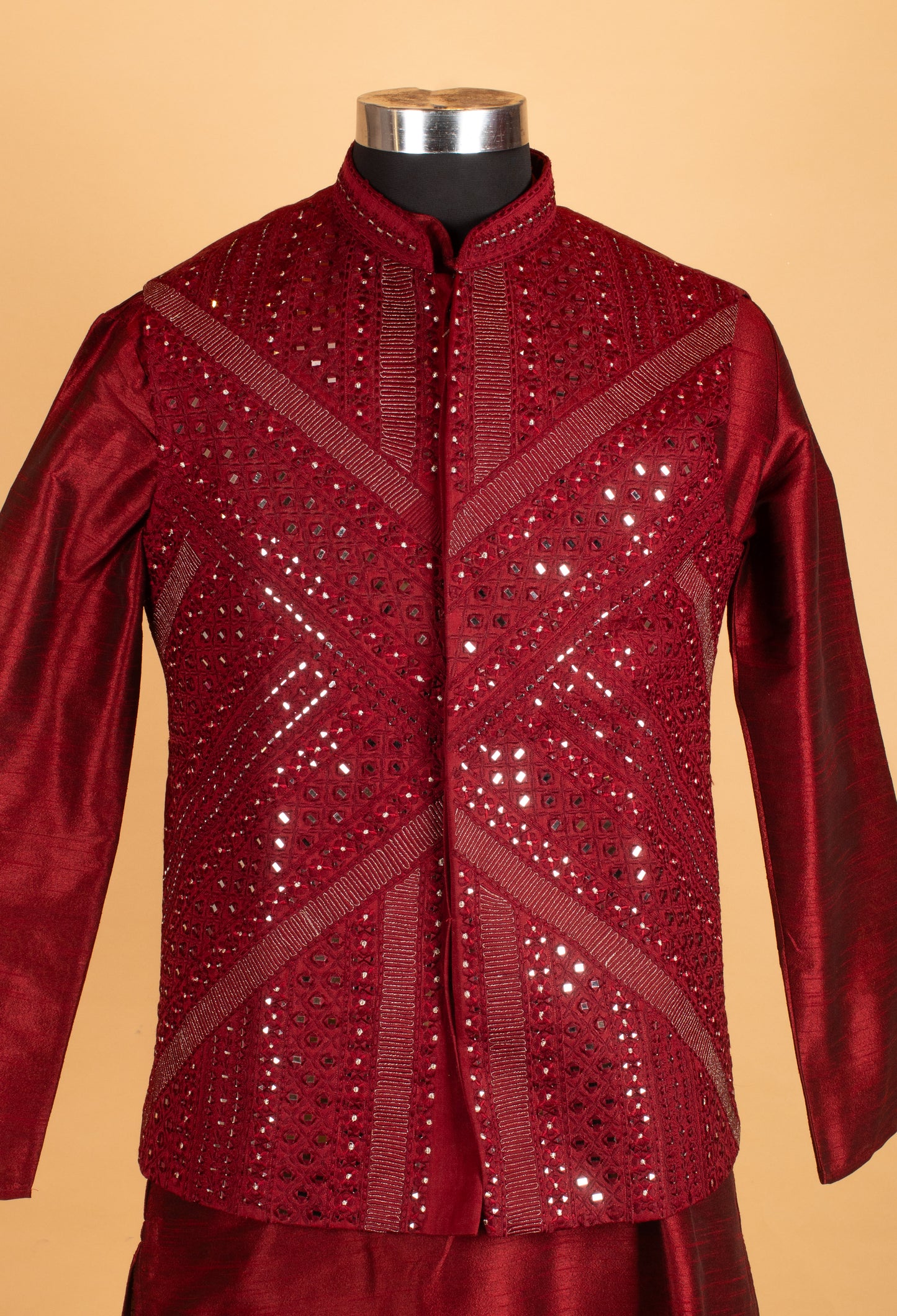 Men’s Deep Maroon Embroidered Jacket Kurta Set