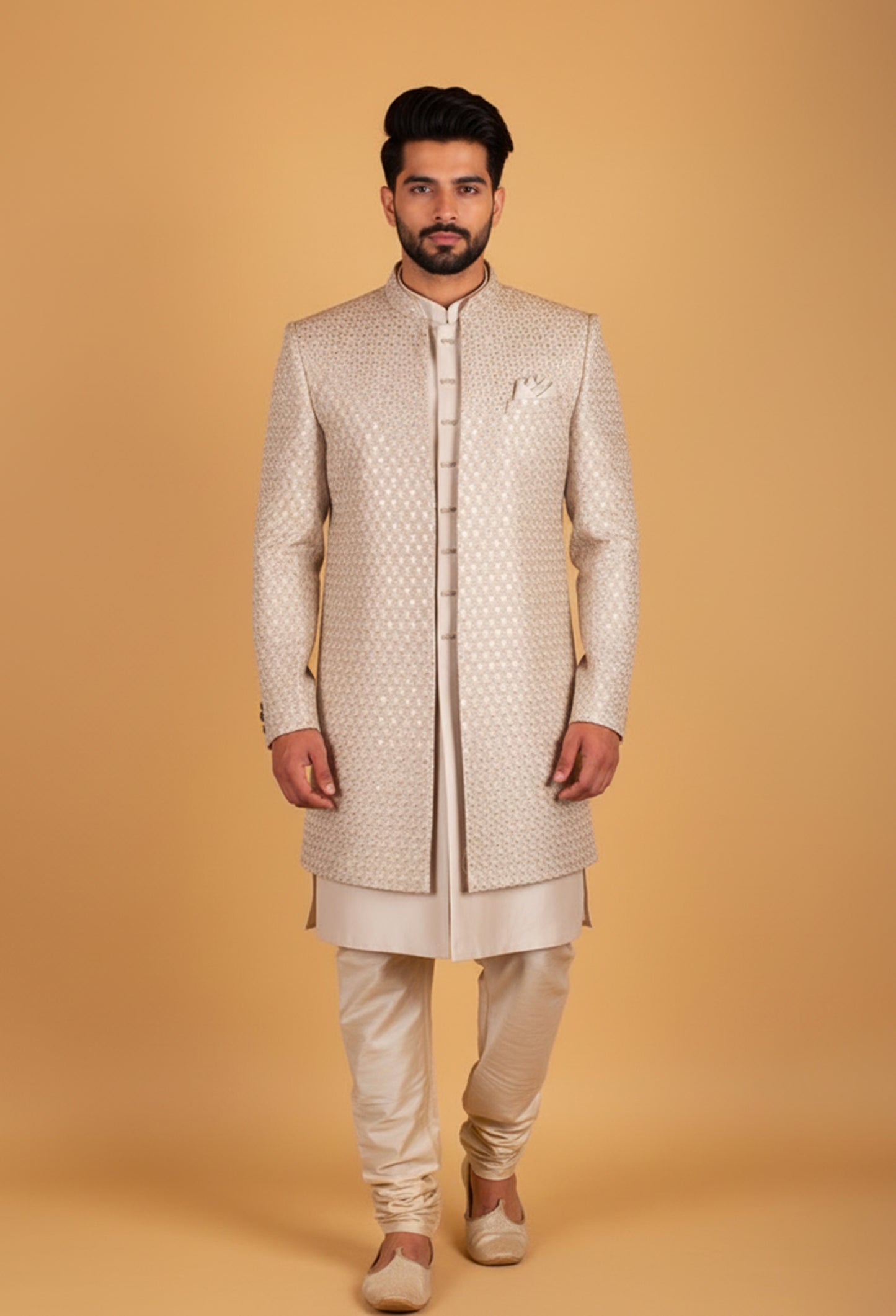 Men’s Champagne Beige Sequin Embellished Designer Sherwani Set