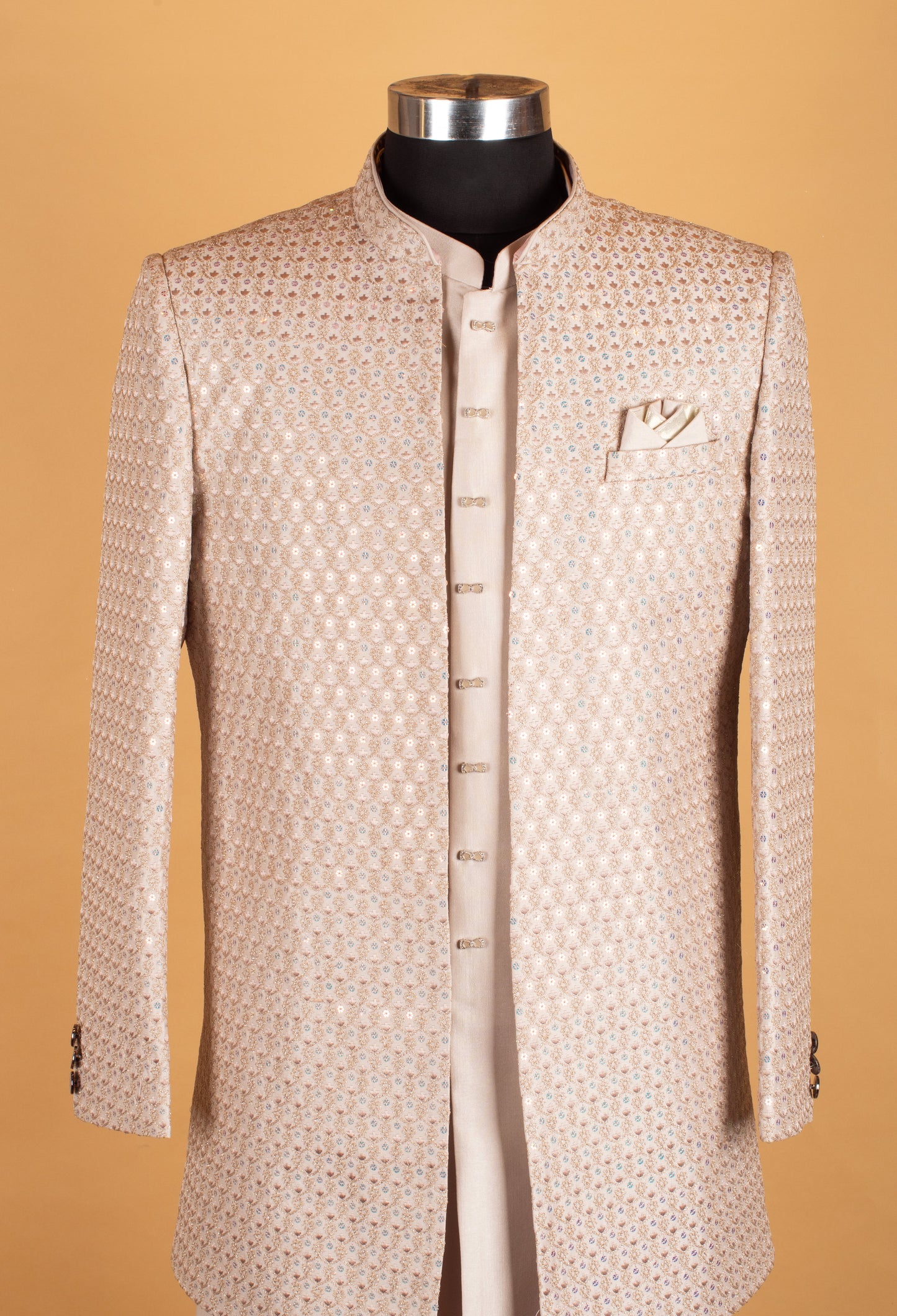 Men’s Champagne Beige Sequin Embellished Designer Sherwani Set