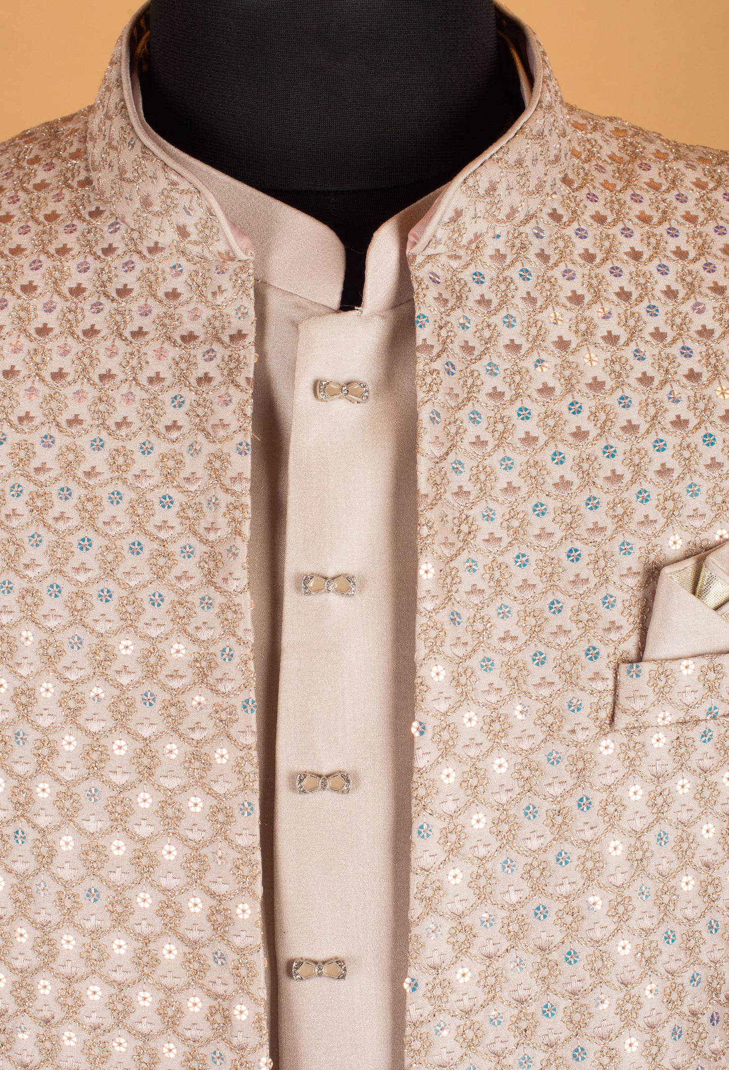 Men’s Champagne Beige Sequin Embellished Designer Sherwani Set
