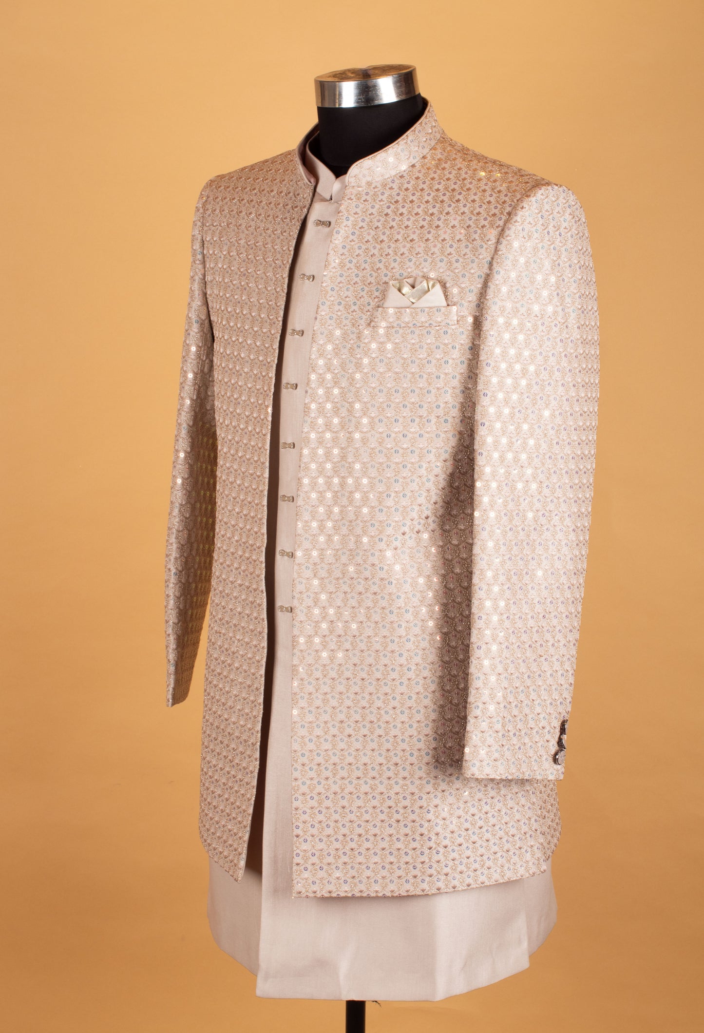 Men’s Champagne Beige Sequin Embellished Designer Sherwani Set