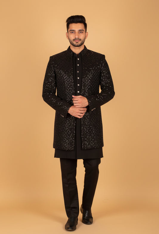 Men’s Black Sequin Embellished Designer Sherwani Set