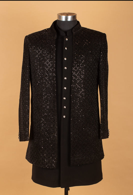 Black sequin embellished designer sherwani for men – product image 2