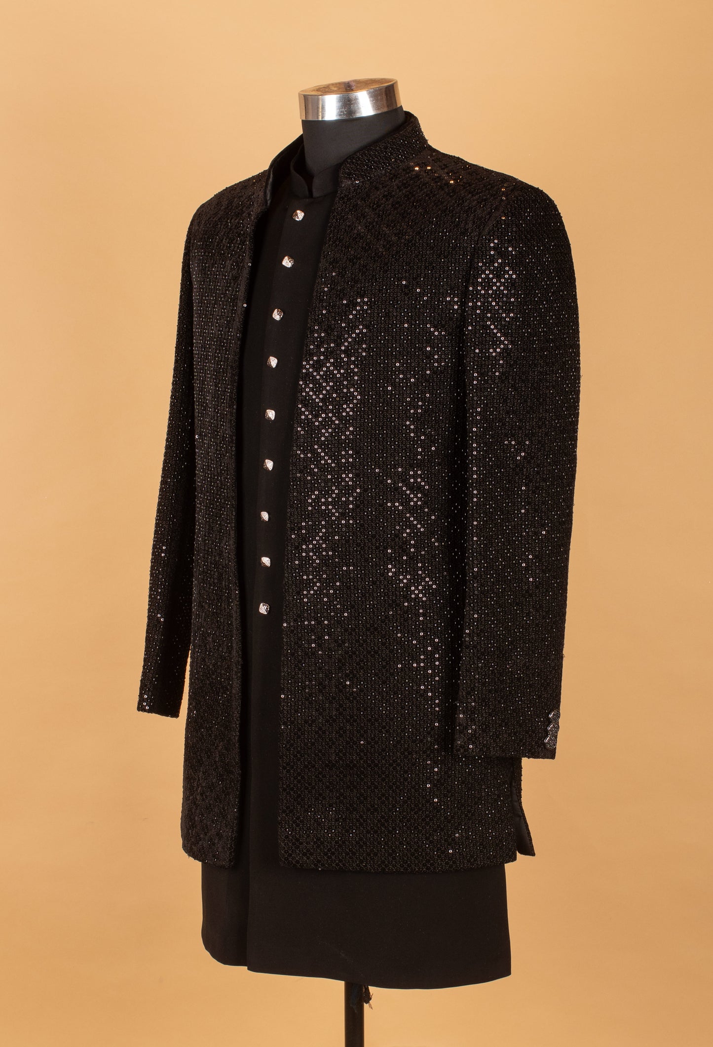 Men’s Black Sequin Embellished Designer Sherwani Set