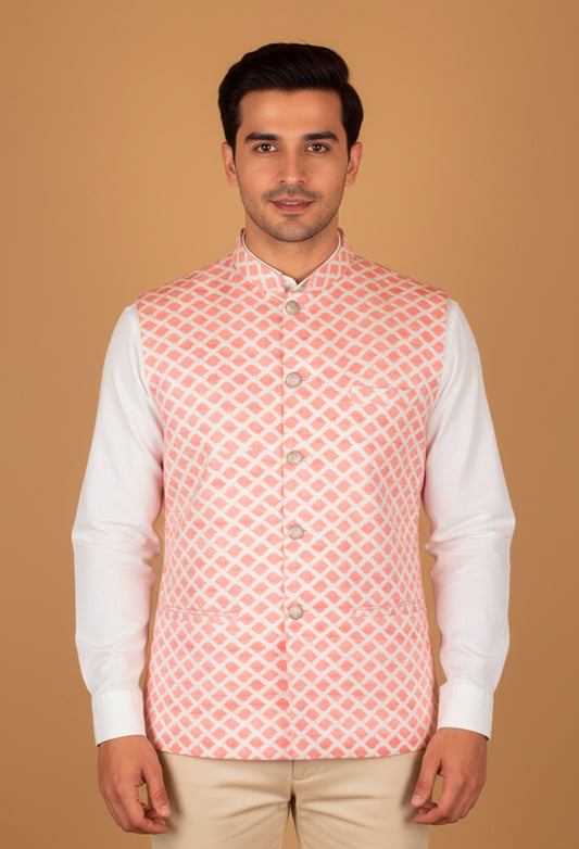 Men’s Coral Pink Jacquard Nehru Jacket