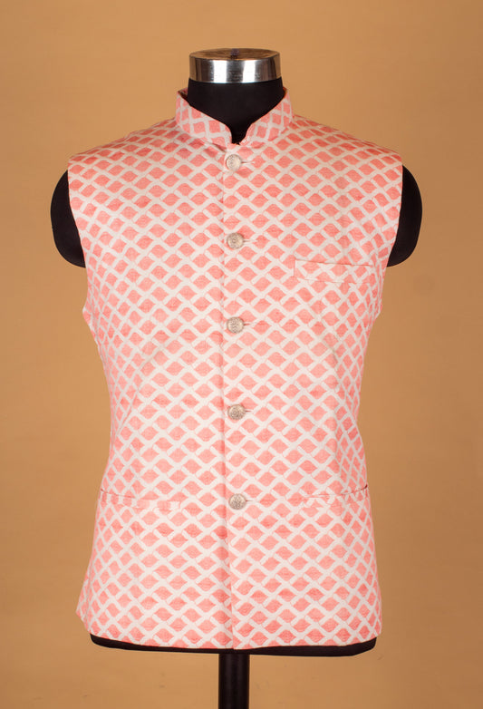 Men’s coral pink jacquard Nehru jacket – product image 2