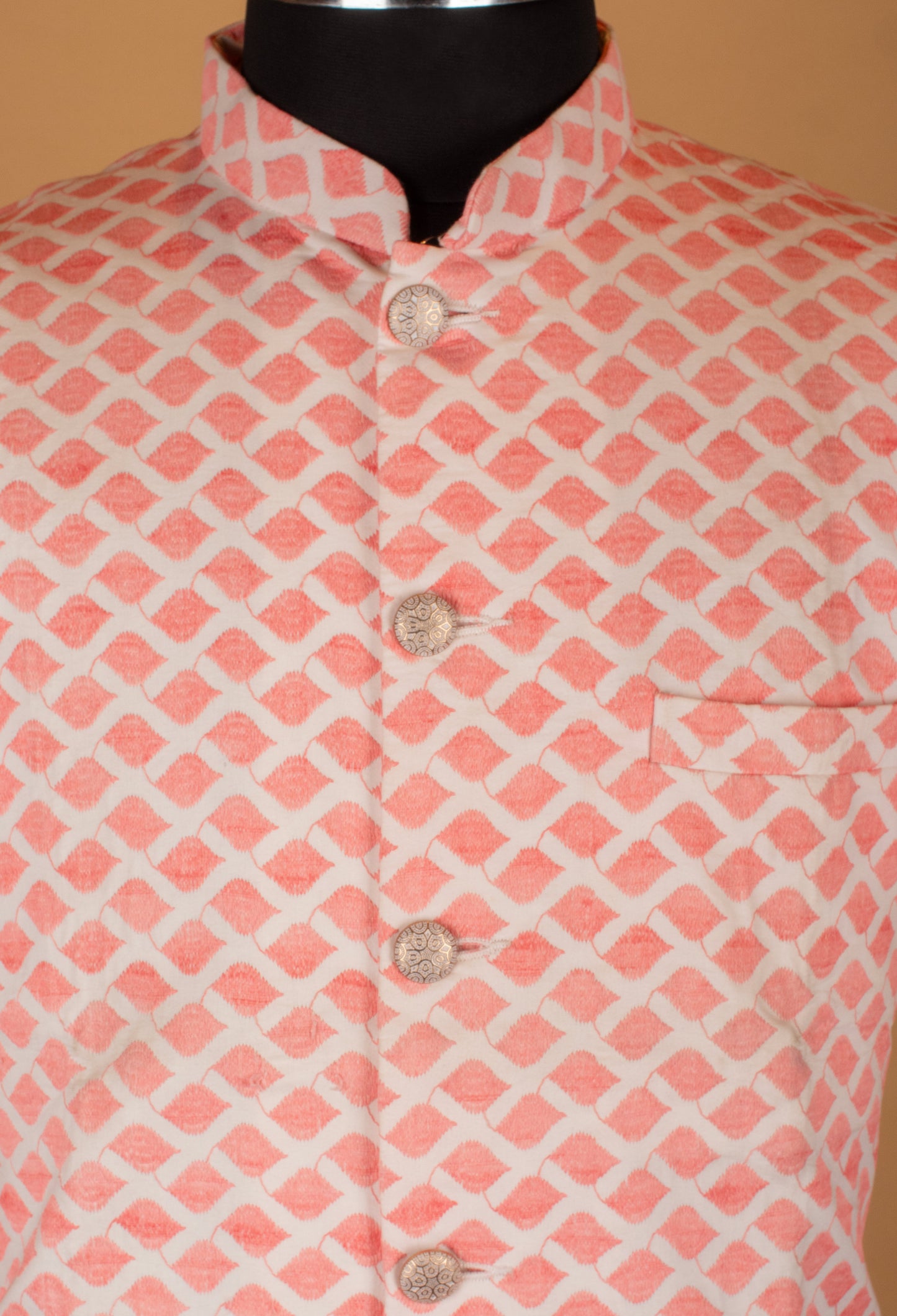 Men’s Coral Pink Jacquard Nehru Jacket