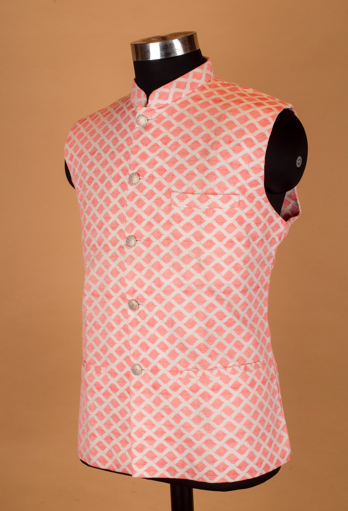 Men’s Coral Pink Jacquard Nehru Jacket