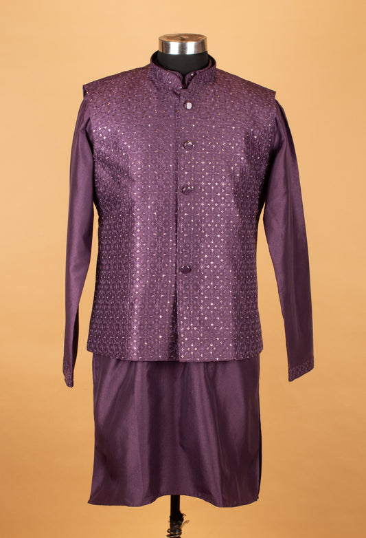Men’s deep plum purple textured jacket kurta set – product image 2