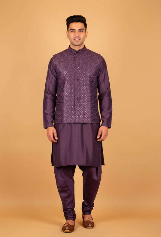 Men’s Deep Plum Purple Textured Jacket Kurta Set