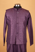 Men’s Deep Plum Purple Textured Jacket Kurta Set