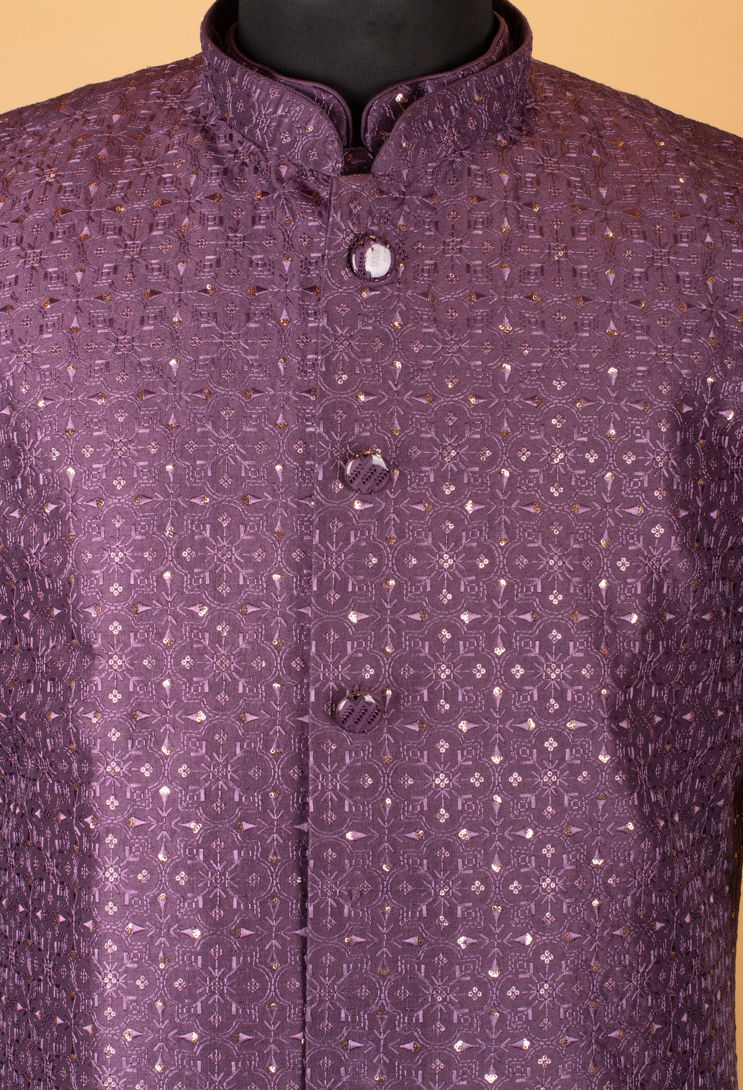 Men’s Deep Plum Purple Textured Jacket Kurta Set