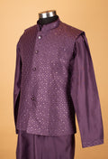 Men’s Deep Plum Purple Textured Jacket Kurta Set