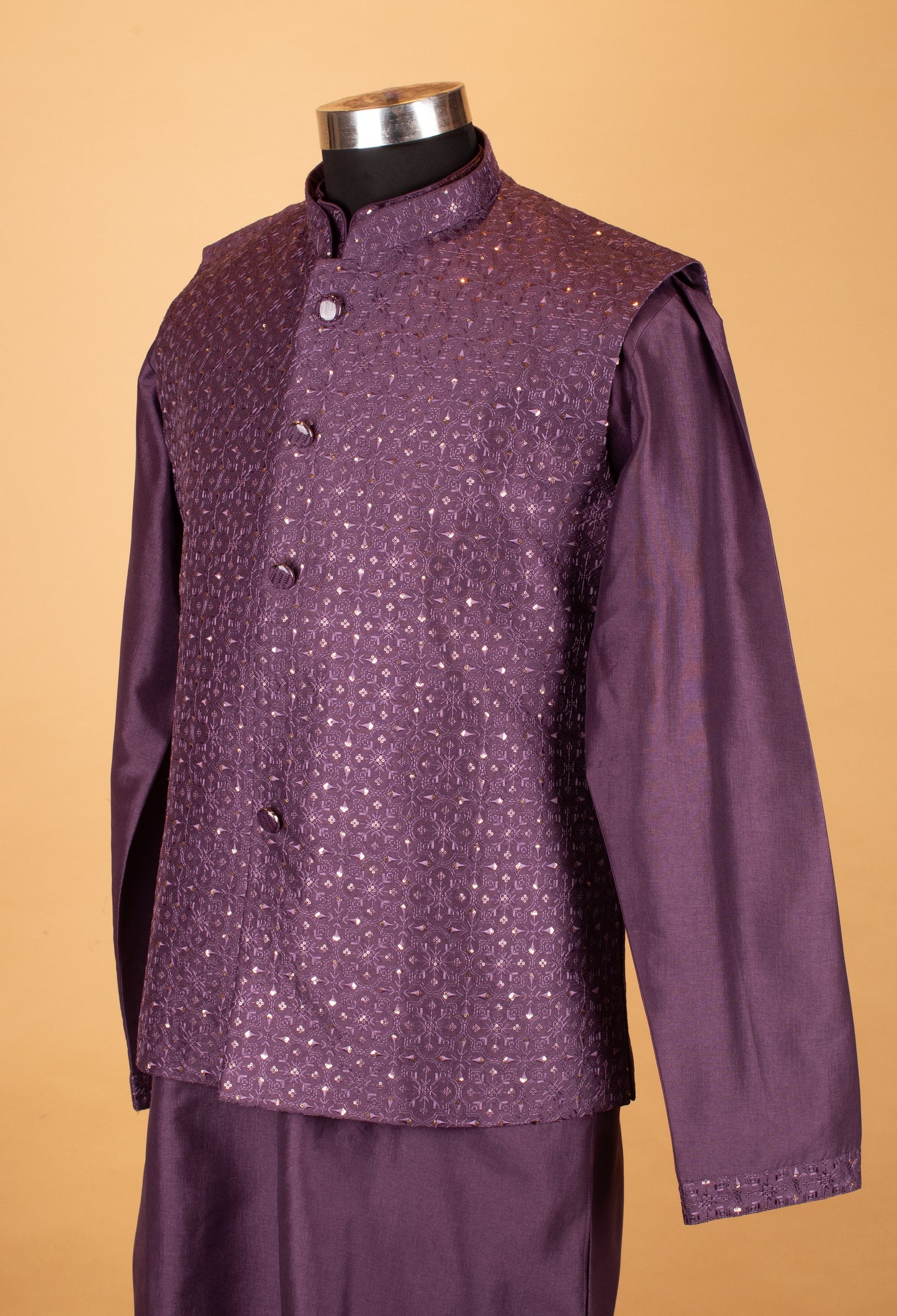 Men’s Deep Plum Purple Textured Jacket Kurta Set