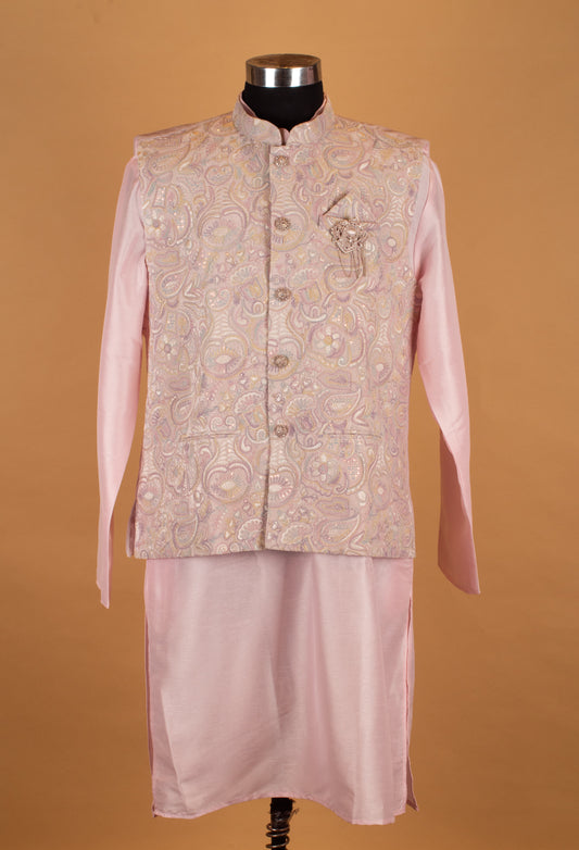 Pastel pink embroidered Nehru jacket kurta set for men – view 2