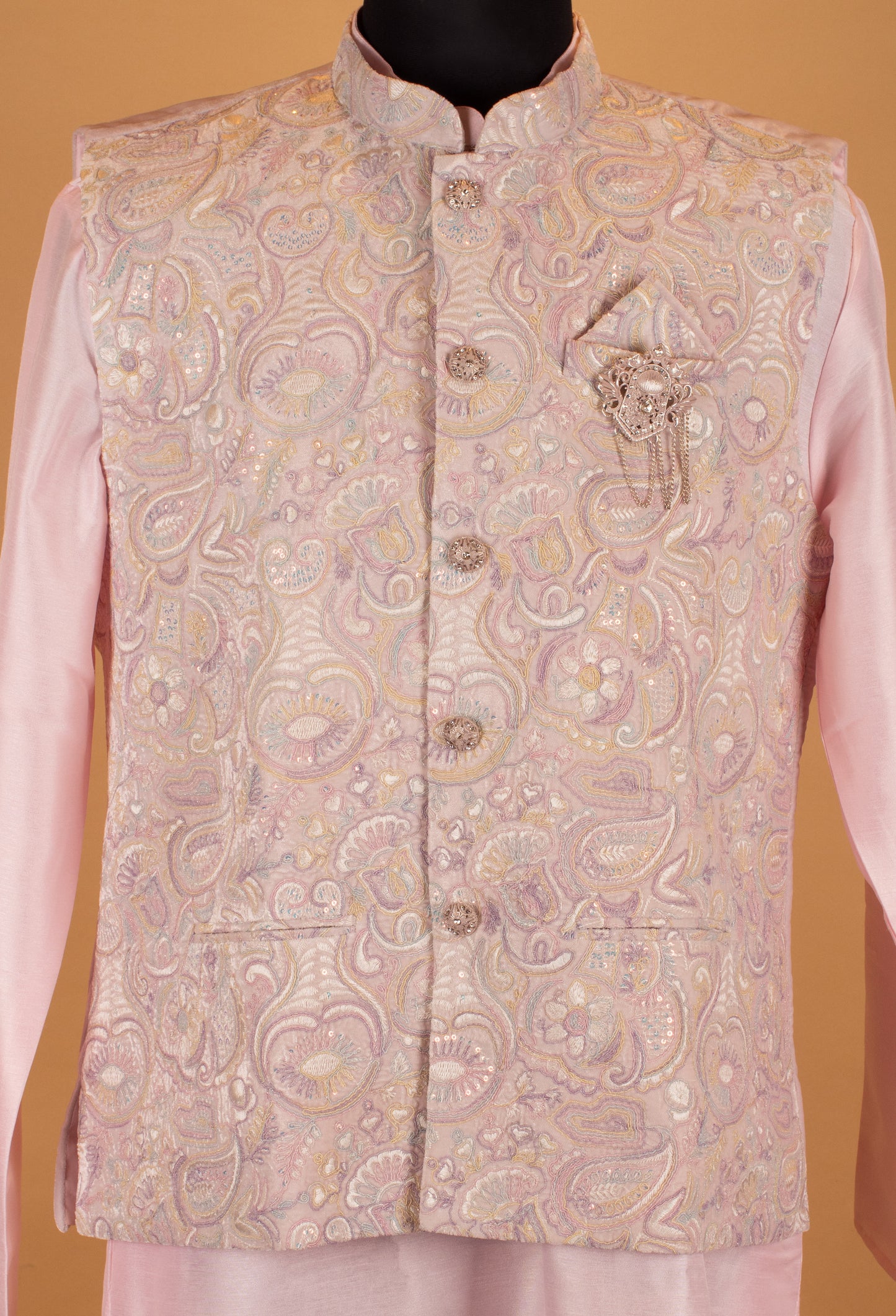 Men’s Pastel Pink Embroidered Nehru Jacket Kurta Set