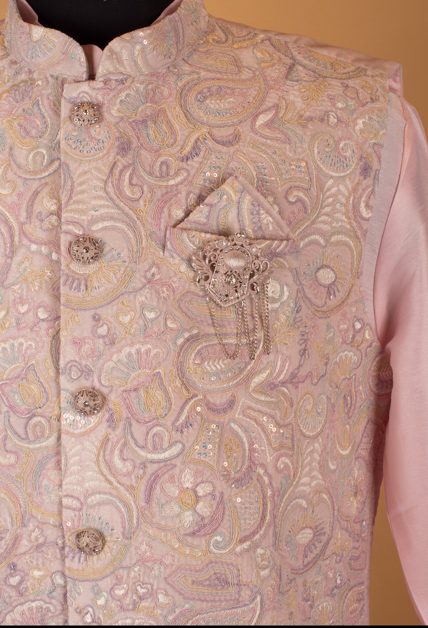 Men’s Pastel Pink Embroidered Nehru Jacket Kurta Set