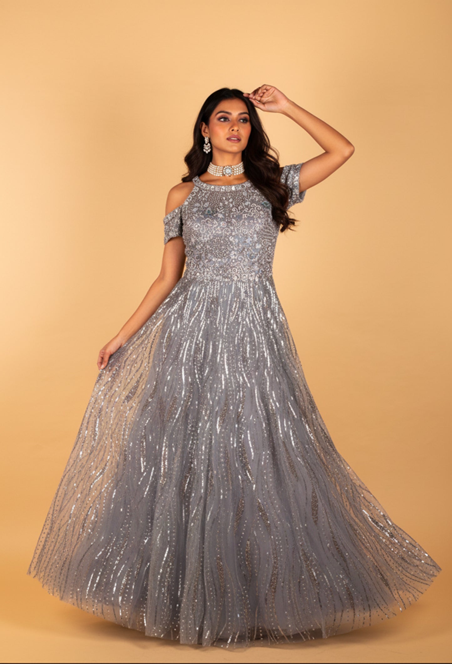Silver Sequin Embroidered Party Gown