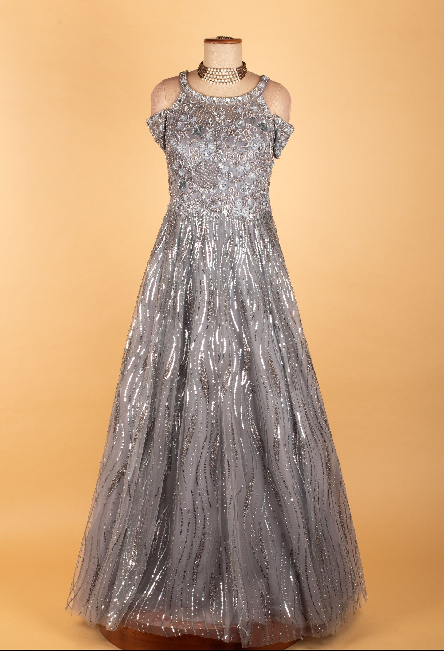 Silver Sequin Embroidered Party Gown
