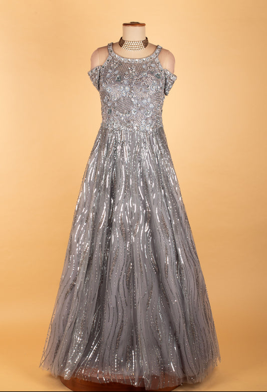 Silver sequin embroidered party gown – product image 2