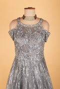Silver Sequin Embroidered Party Gown