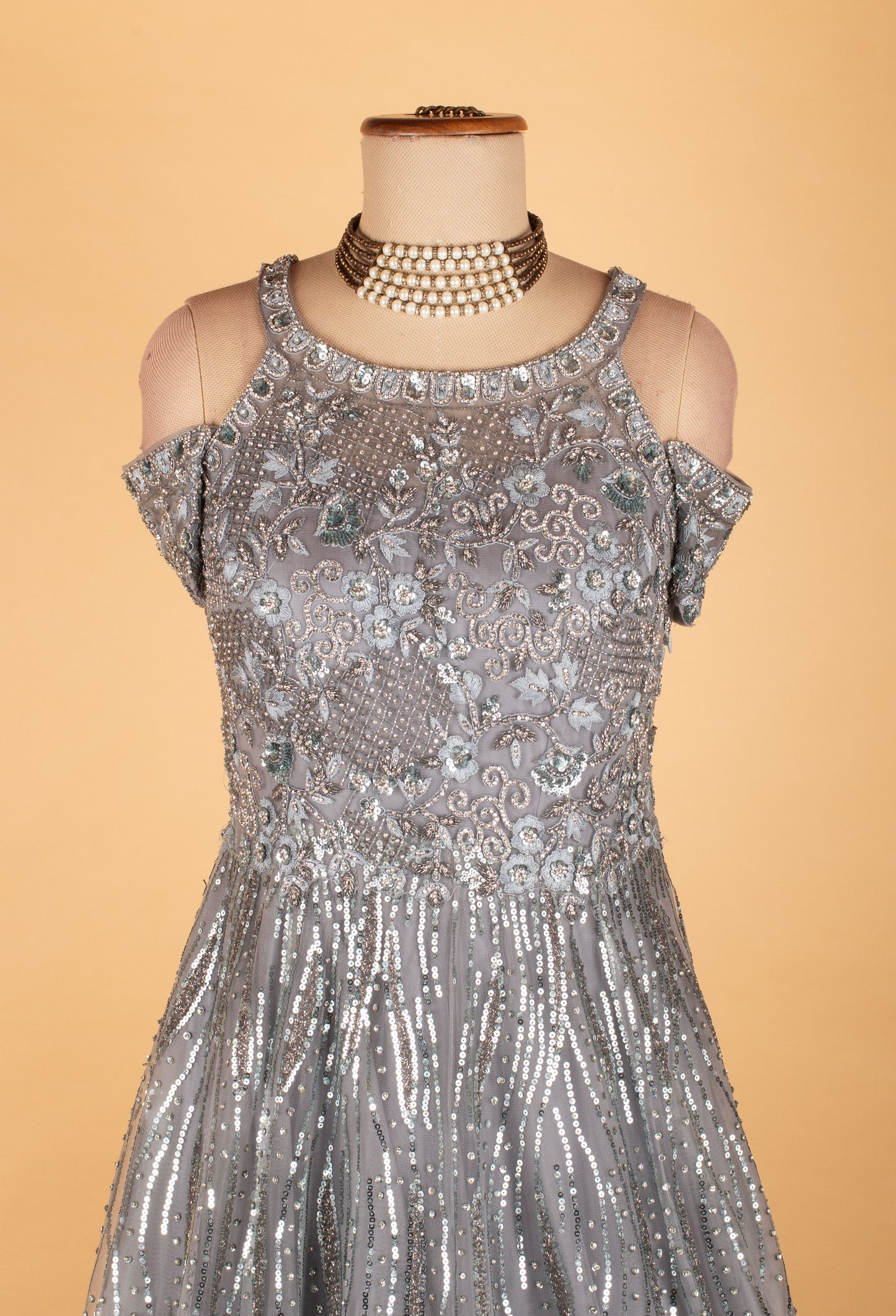 Silver Sequin Embroidered Party Gown
