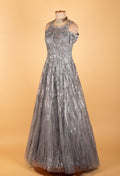 Silver Sequin Embroidered Party Gown