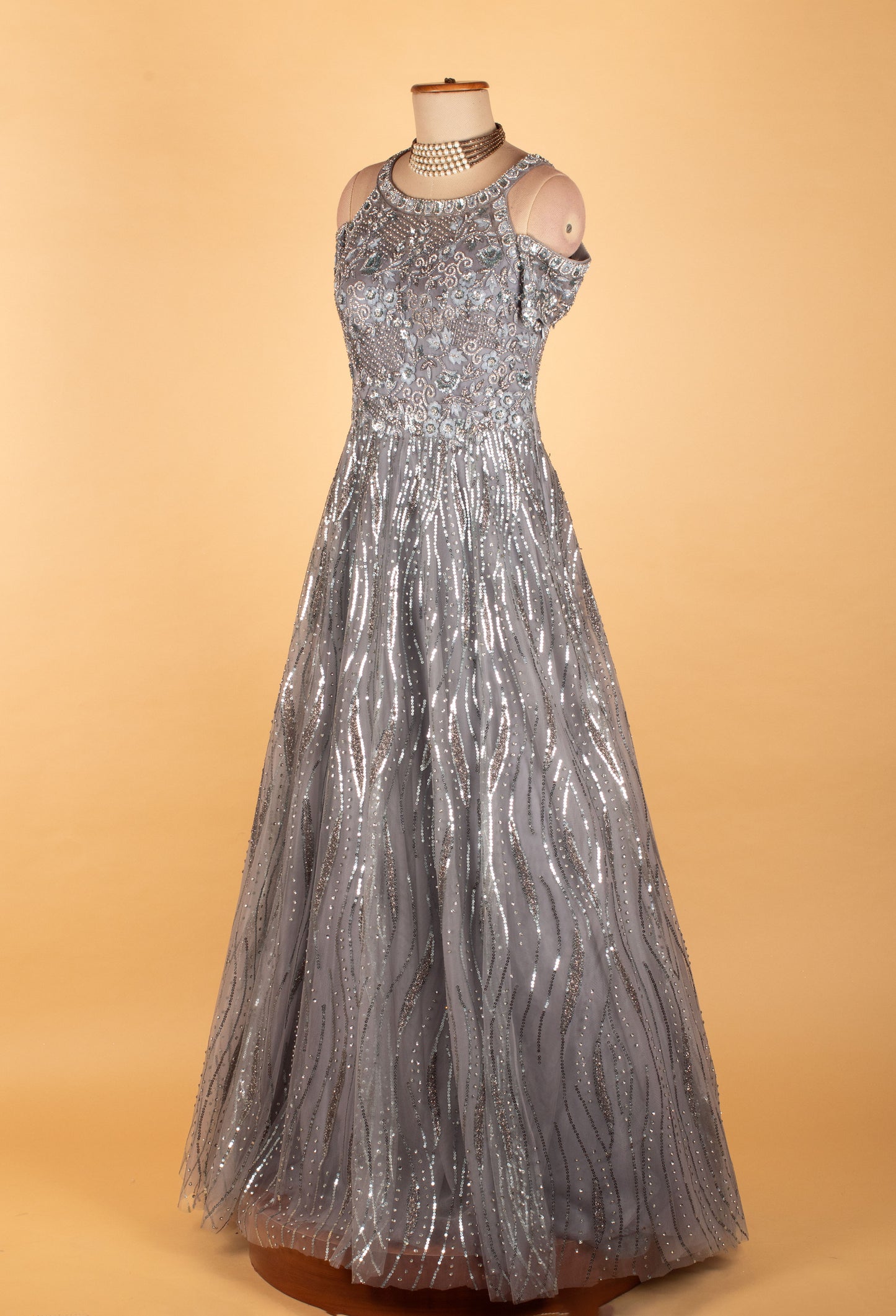 Silver Sequin Embroidered Party Gown