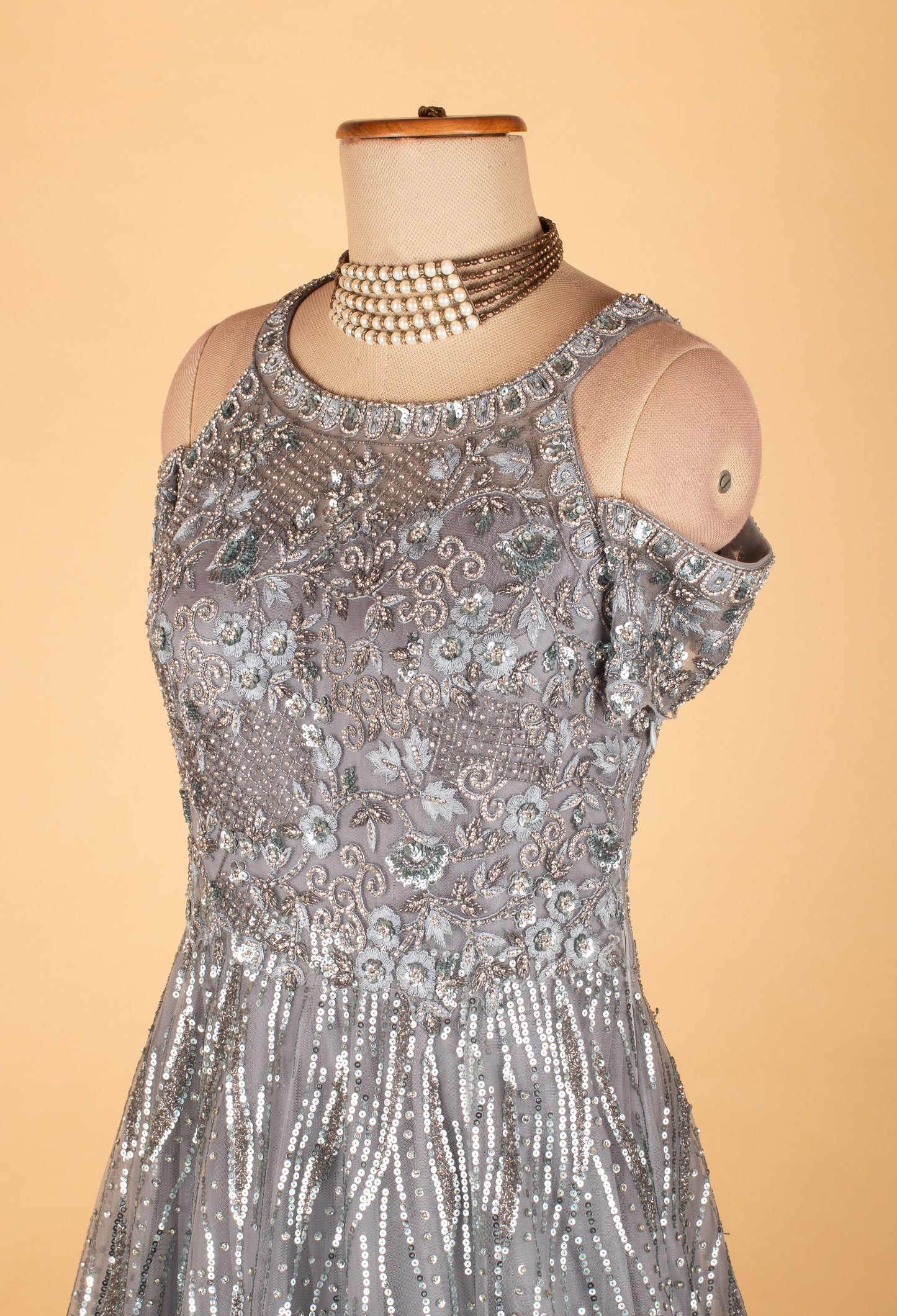 Silver Sequin Embroidered Party Gown