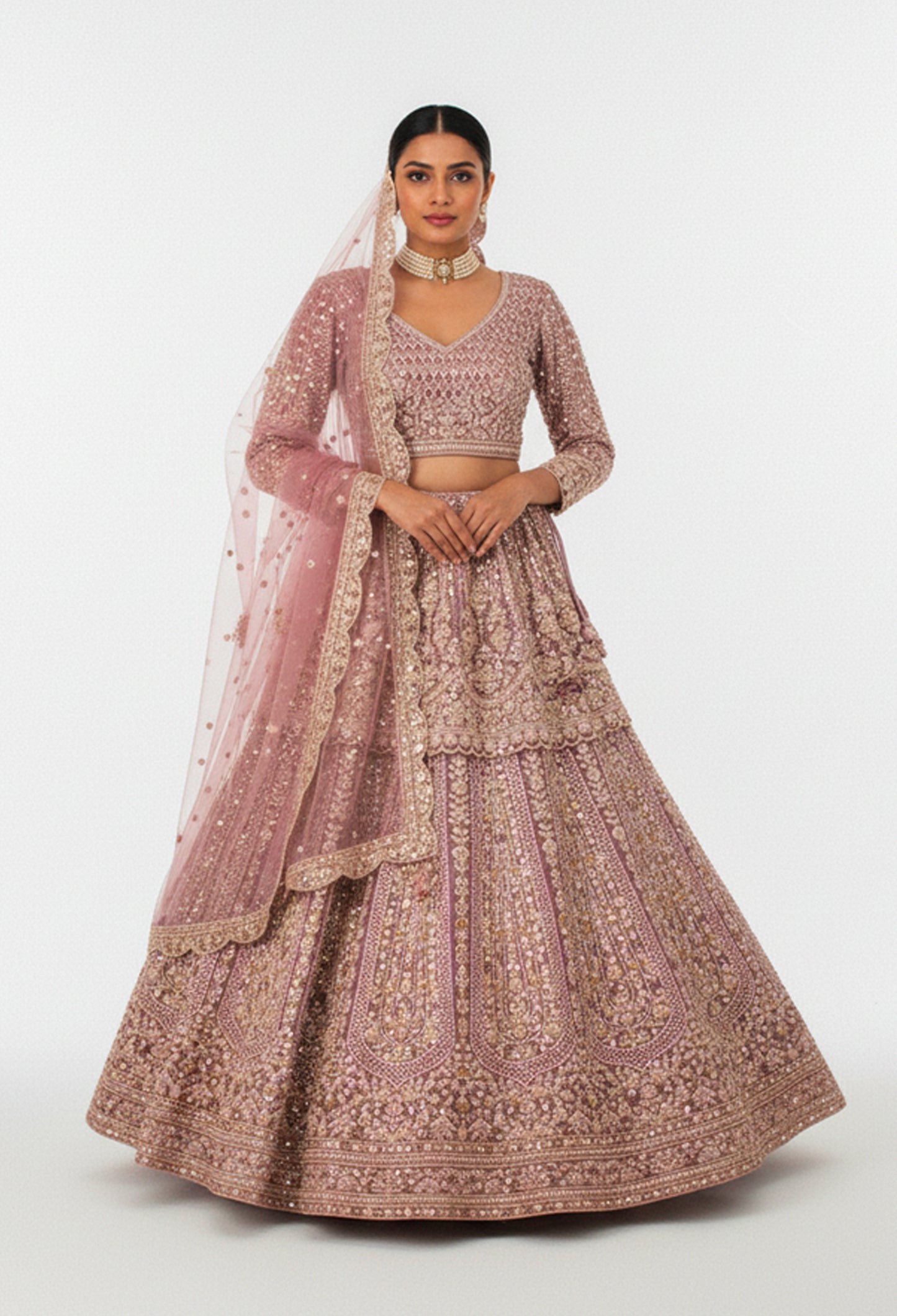 Dusty Rose Heavy Embroidered Bridal Lehenga with Dupatta