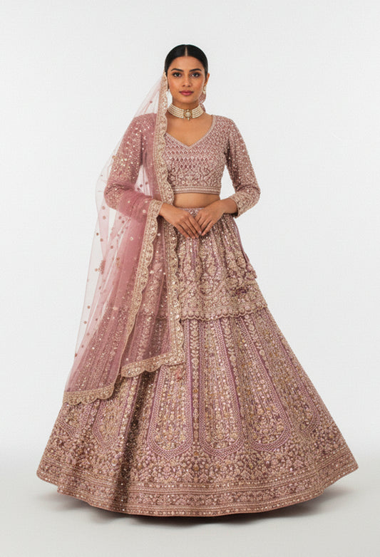 Dusty rose heavy embroidered bridal lehenga with net dupatta – product image 2