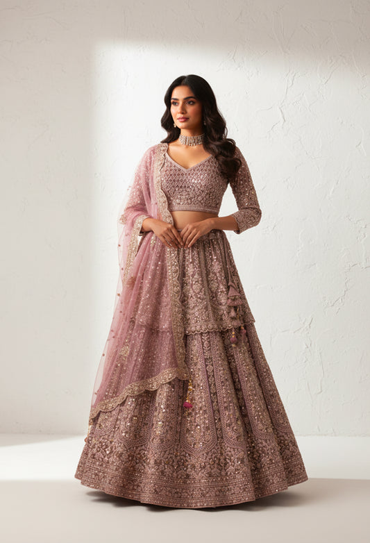 Dusty Rose Heavy Embroidered Bridal Lehenga with Dupatta