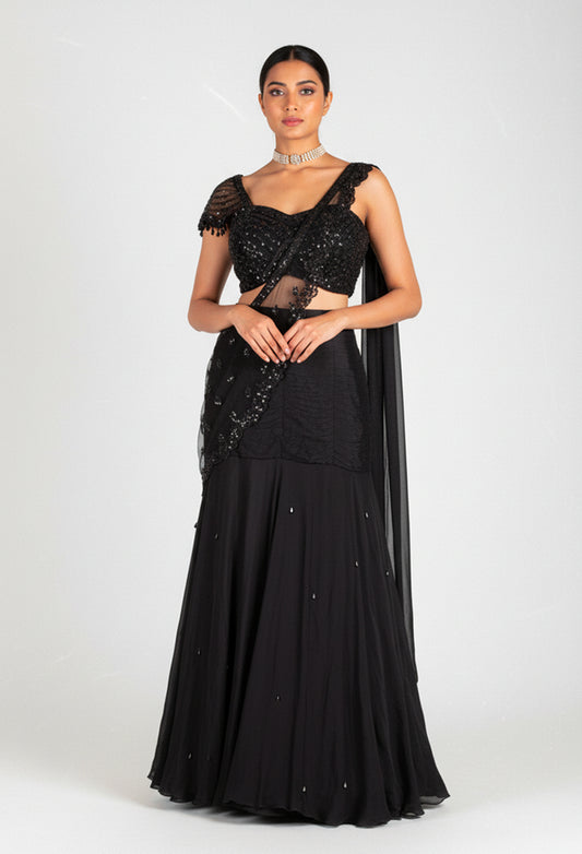 Black Embroidered Lehenga Saree with Sequin Blouse