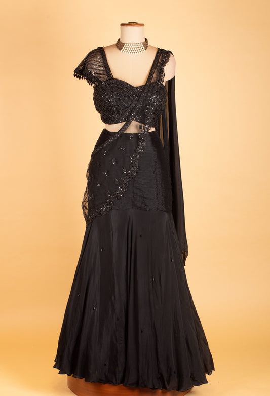 Black embroidered lehenga saree with one-shoulder sequin blouse – product image 2