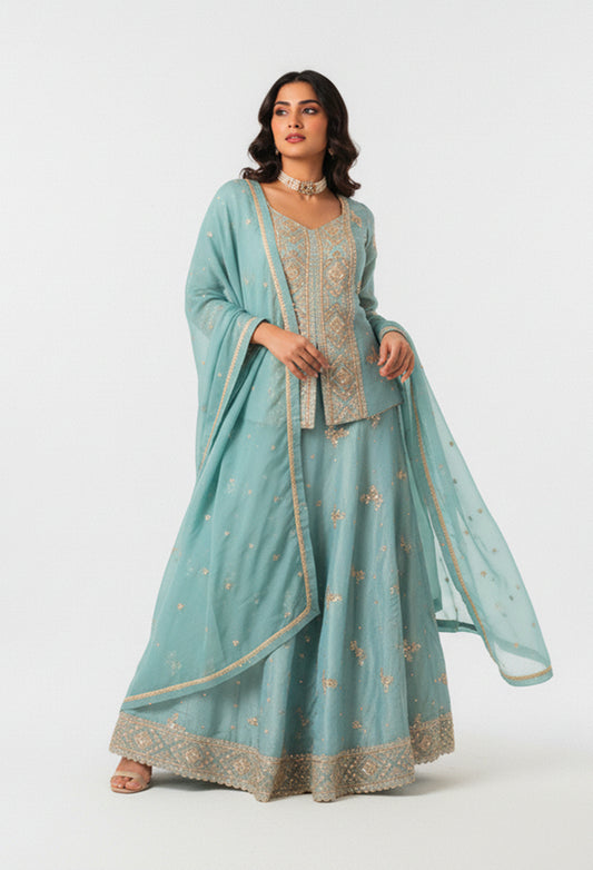 Sea Green Embroidered Kurta Sharara Set with Dupatta