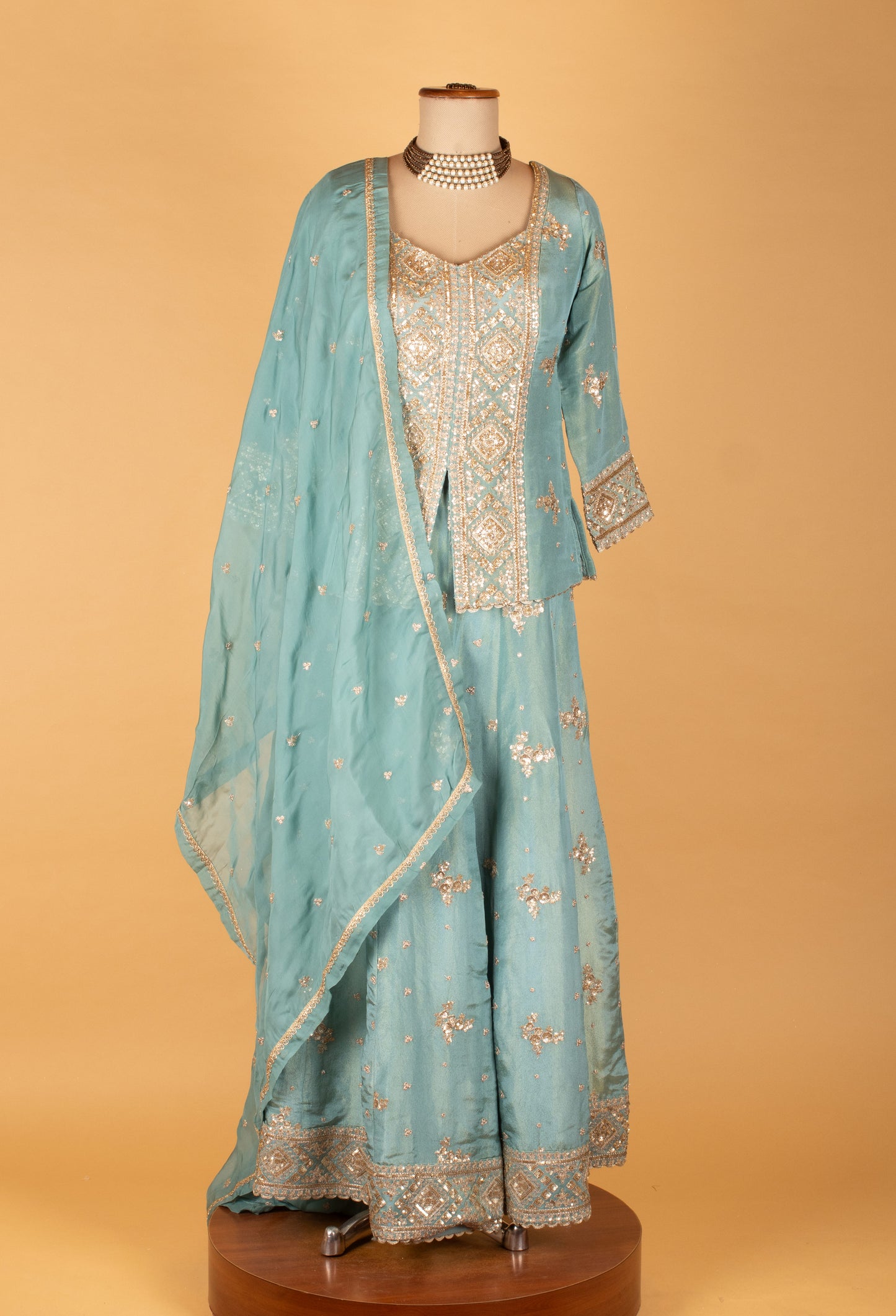 Sea Green Embroidered Kurta Sharara Set with Dupatta