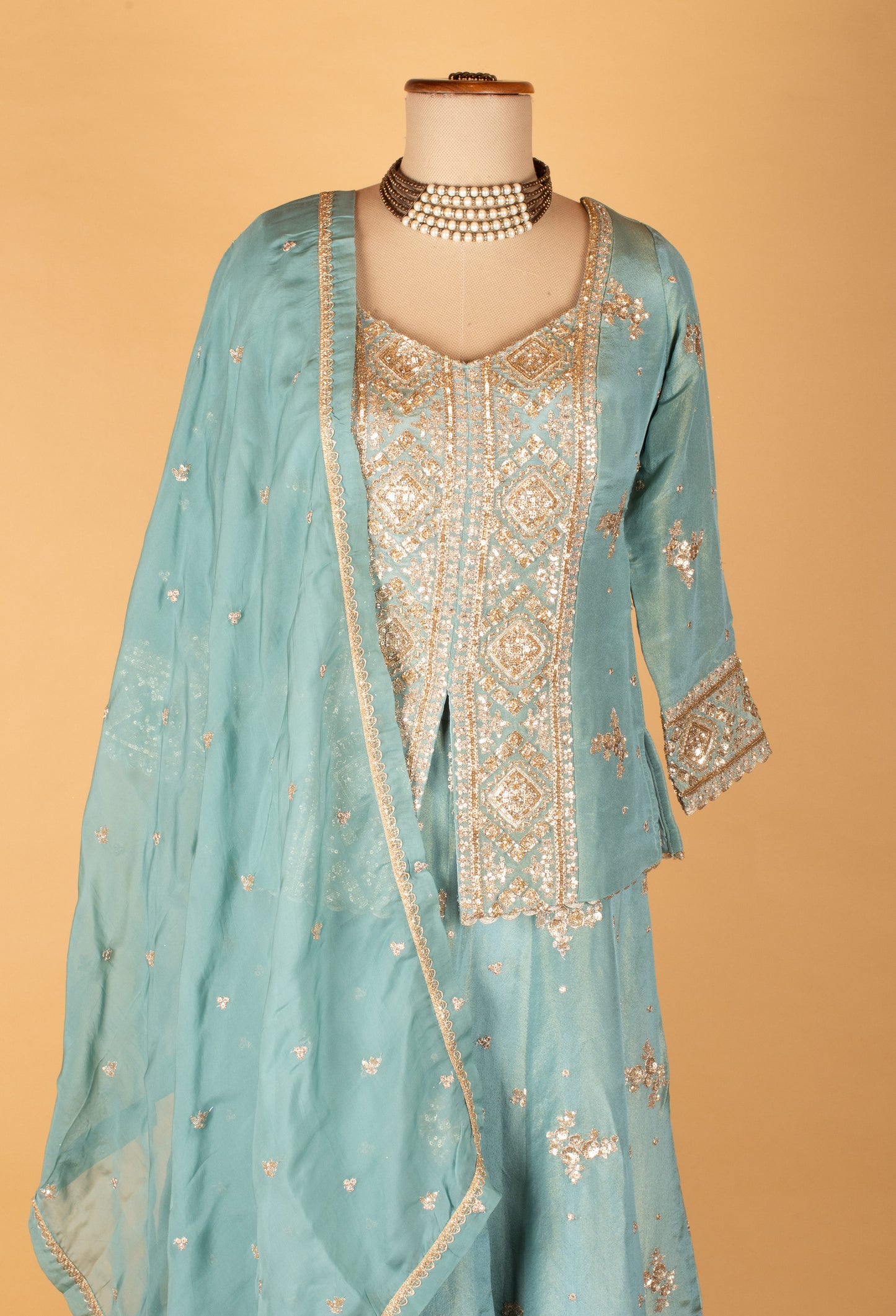 Sea Green Embroidered Kurta Sharara Set with Dupatta