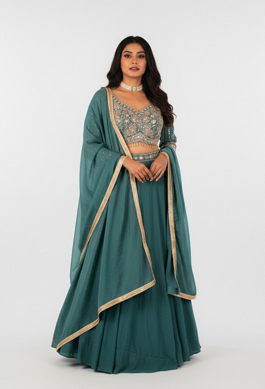 Teal Green Embroidered Lehenga Choli with Dupatta