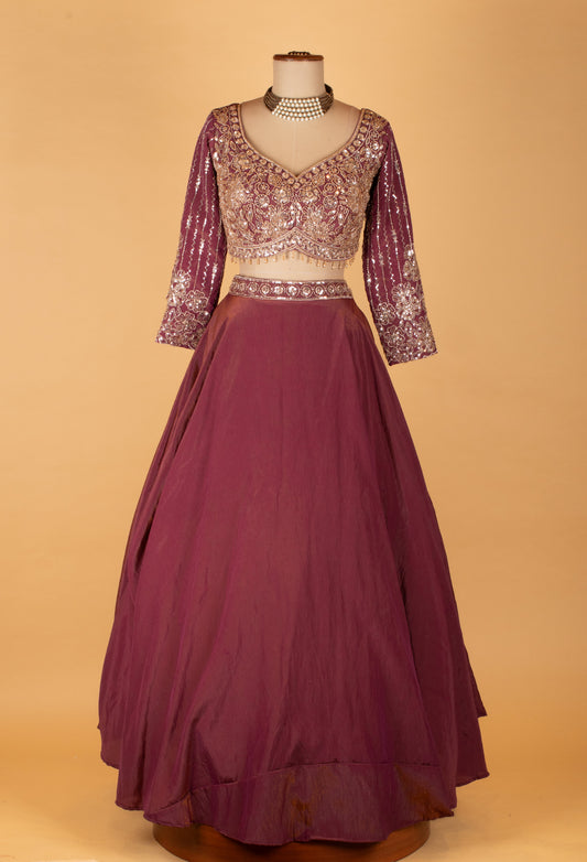 Wine purple embroidered lehenga choli with full-sleeve blouse and dupatta – product image 2
