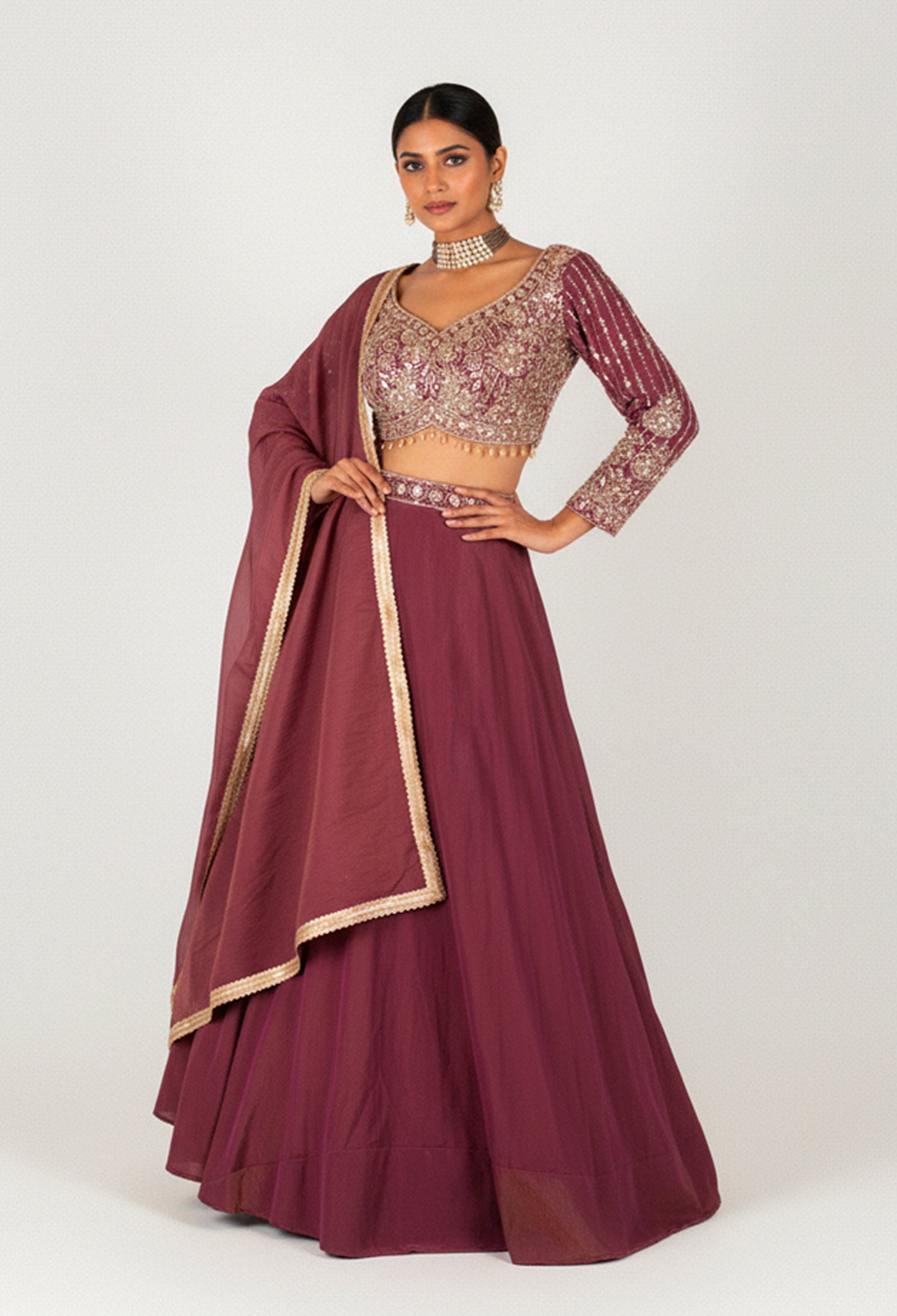 Wine Purple Embroidered Lehenga Choli with Dupatta