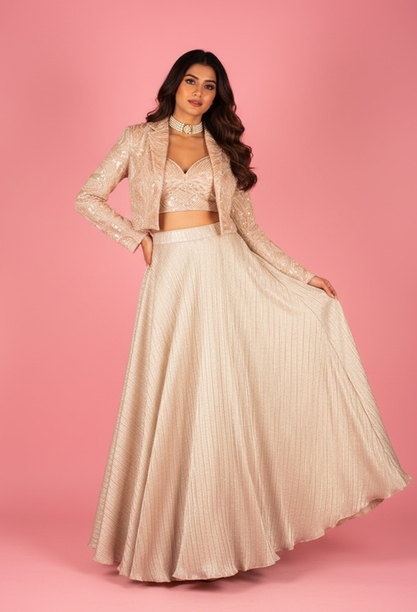 Champagne Gold Embroidered Lehenga with Jacket Style Blouse